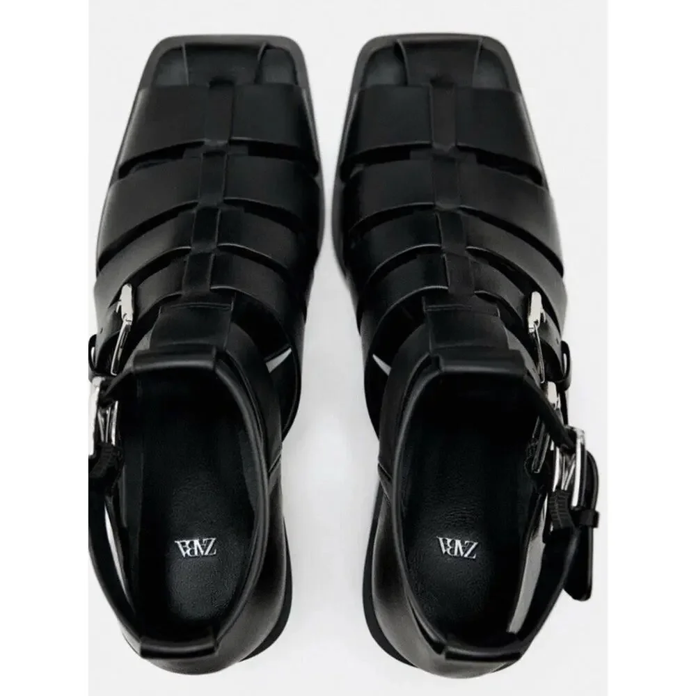 NEW ZARA Black Leather Fisherman Sandals Buckle Cage Heels Size 41 US 10 - Picture 5 of 11